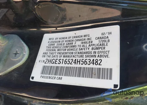 2004 Honda Civic Lx from USA, damaged, VIN 2HGES16524H563482